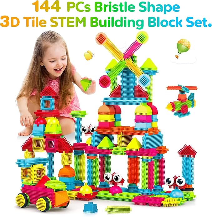 Contixo 144 pcs Bristle Shape 3D STEM Building Toys Construction Learning Stacking Educational Block Creativity Beyond Imagination Inspirational Safe &amp Durable Recreational Toy for Kids Ages