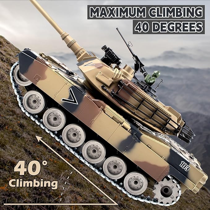1:18 RC Tank 2.4G US Metal M1A2 Remote Control Tank That Shoot BBS Model Toys Army Toy with Smoke Lights Sound and RecoilMilitary RC Vehicle for Adults and Kids 6+ Year Old