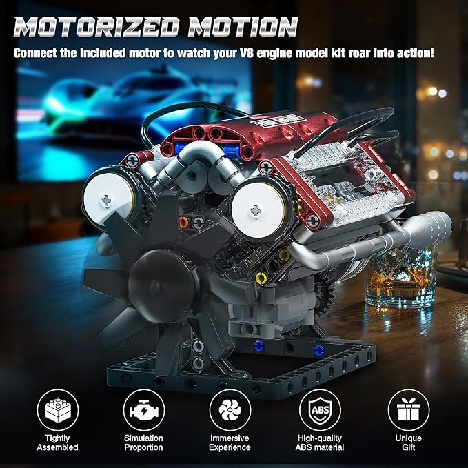 Tuajixz V8 Engine Building Blocks Sets V8 Engine Model Kit That Runs – Motorized with Moving Pistons Crankshaft &amp Rotating Fan Realistic Engine Simulation for Car Enthusiasts 588Pcs