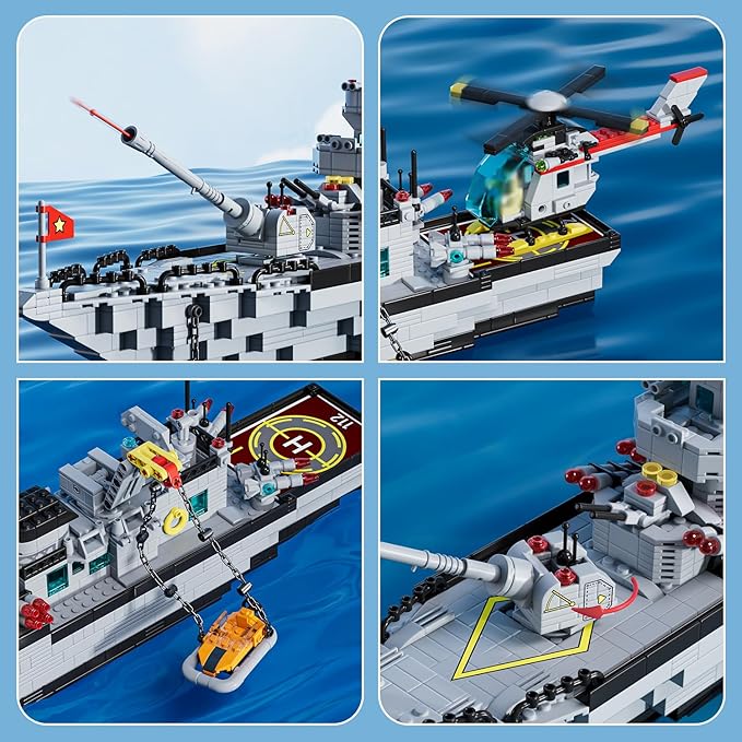 Military Battleship Building Set for Boys Police Boat Ship 8-in-1 Navy Warship Toys Model Kits MOC Construction Birthday for Adults Age 8-1214+ Compatible with (2000+ PCS