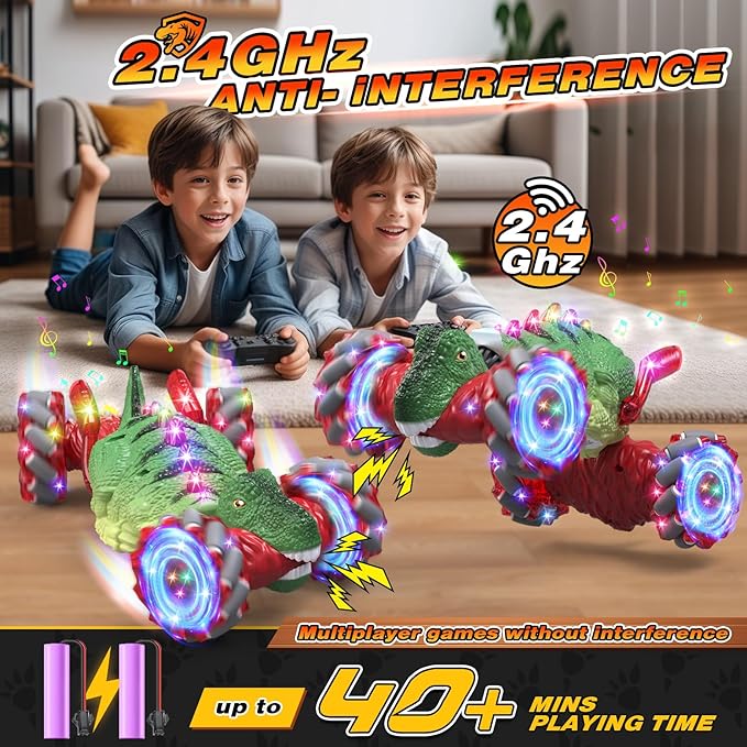 Remote Control CarDinosaur Toys car for Kids2.4GHz LED Gesture Sensing RC Car4WD Rotation RC Stunt Car with Lights and MusicDino Toys for Kids Ages 3 4 5 6 7 Gifts for Boys Girls(Red)
