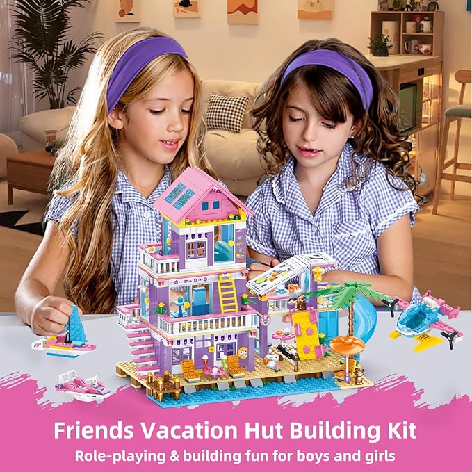 955 Piece Beach House Building SetSeaside Beach Villa Building Toys Friends Vacation Hut Blocks SetSTEM BuildingToys with HelicopterYachtSailboatChristmas Birthday Gift for Girl Age 6-12+