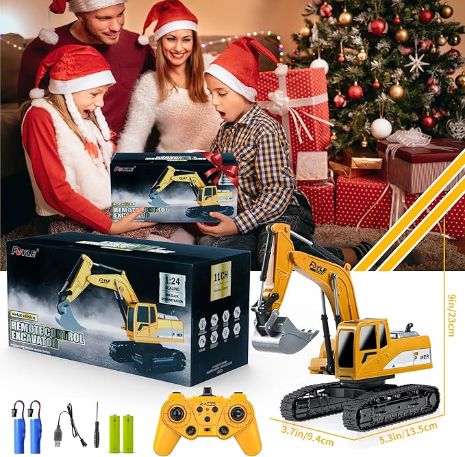 Remote Control Excavator Toys 1: 24 Engineering Digger Truck for Boys with Metal Shovel Lights Sounds Turns 680 Degree 2.4 GHz Construction Toys Christmas Birthday Gift for Kids