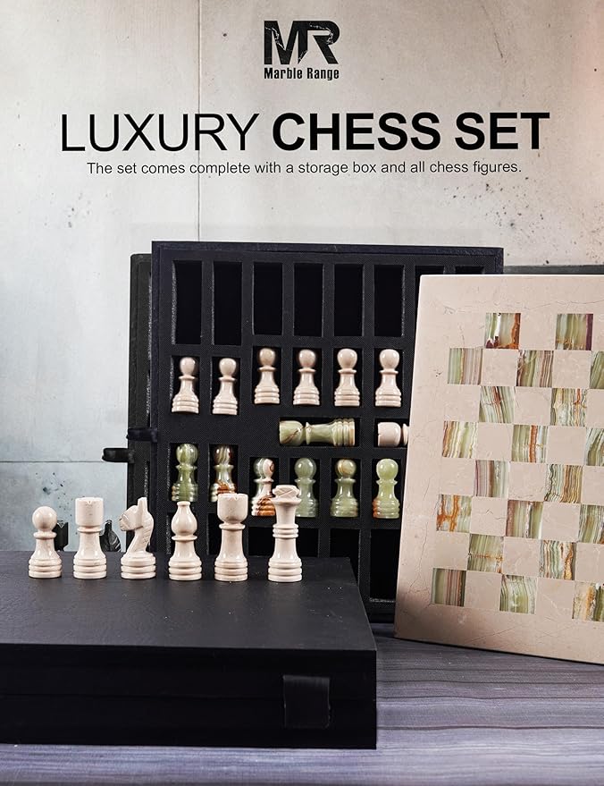 Marble Chess Set for Adults 12 Handmade Verona &amp Green Board Game with 32 Chess Pieces 2 Extra Queens &amp Storage Box Luxury Travel Game Elegant for Home Decor