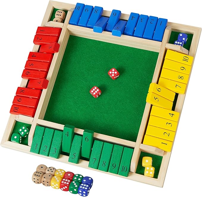 AMEROUS Shut The Box Dice Game-12 inches-Colorful Design-1-4 Players-12 Dice-Gift Package Classic 4 Sided Wooden Board Game for Adults Kids Classics Board Game