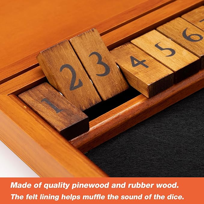 Shut The Box Dice Game with 12 Numbers and Lid Wooden Classic Board Game with 4 Dice Gift Package &amp Game Rules Close The Box Game for Kids Adults Family Classroom Home &amp Pub