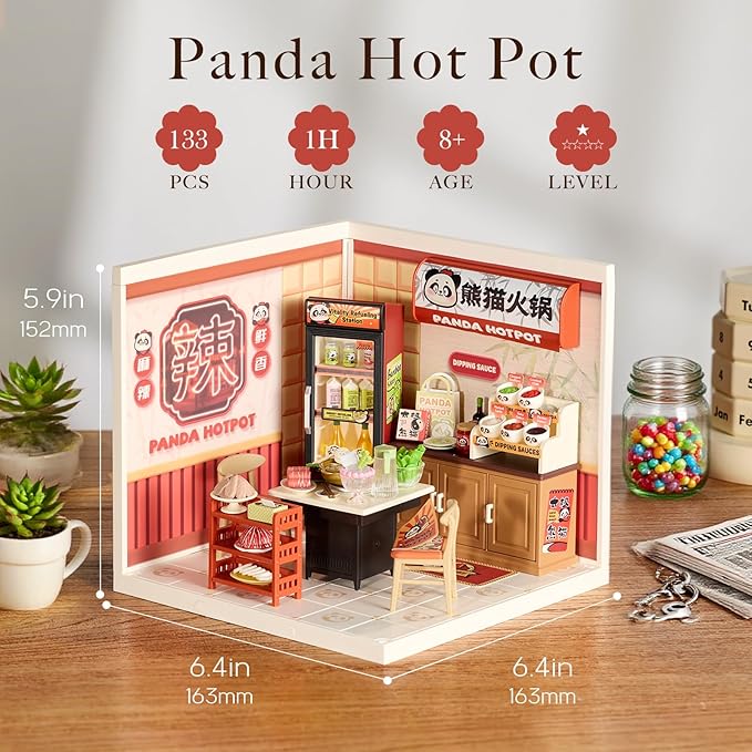 Rolife Super Creator DIY Miniature Plastic House Building Set Playset with LED Suitable for Mini Figures Construction Toys Diorama Kit Gifts for Teens Adults (Panda Hot Pot)
