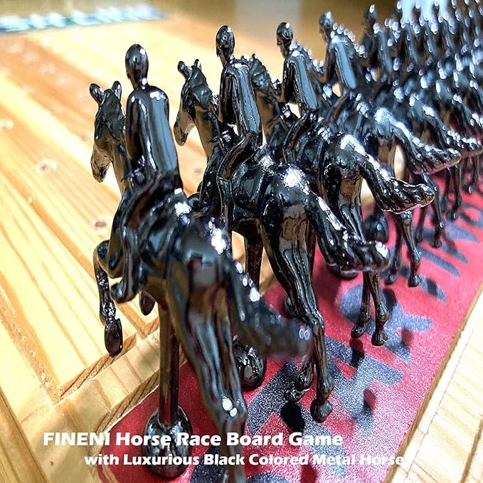 Horse Racing Board Game with Luxurious Durable Metal Horses 11 Pieces Black Real Pine Wood Horseracing Game Board Dice and Cards