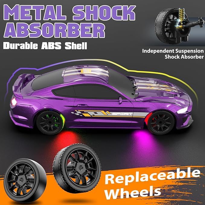 1/43 RC Drift Car Mini Drifting RC Car with Gyro 2.4GHz Full Proportional Drift Cars 4WD RTR Remote Control Cars with Colorful Lights Gyroscope Fast Racing Vehicle Gift for Kids Boys Adults