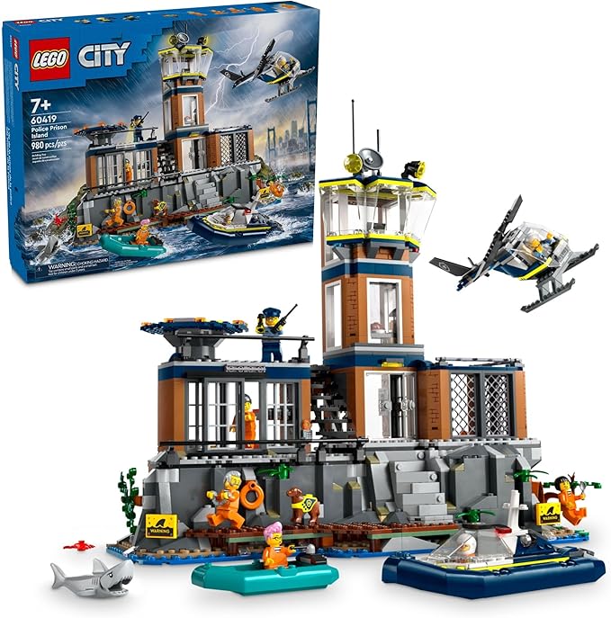 LEGO City Police Prison Island Building Set Birthday Gift for Boys and Girls Ages 7 Plus Imaginative Play Helicopter Toy Boat Toy and Dinghy 7 Minifigures with Dog and Shark 60419