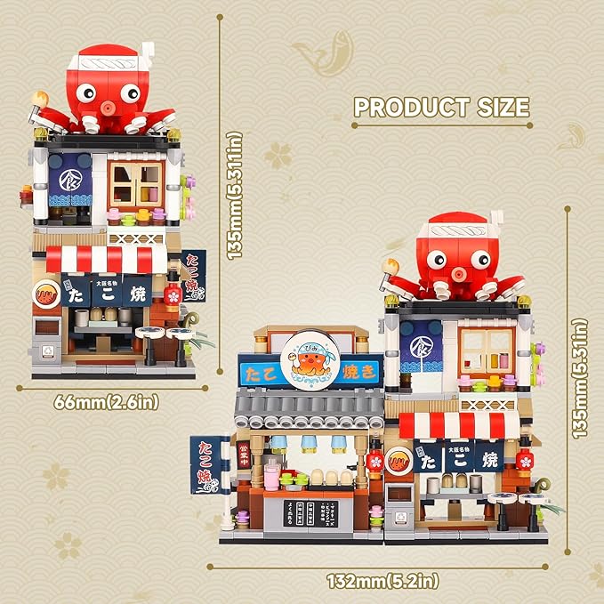 Japanese Street View Takoyaki Shop Mini Building Blocks MOC Creative Japanese Toys for Girls 6-12 Years Old 722 Pcs Simulation Architecture Construction Toy Gift Idea for Kids Adults