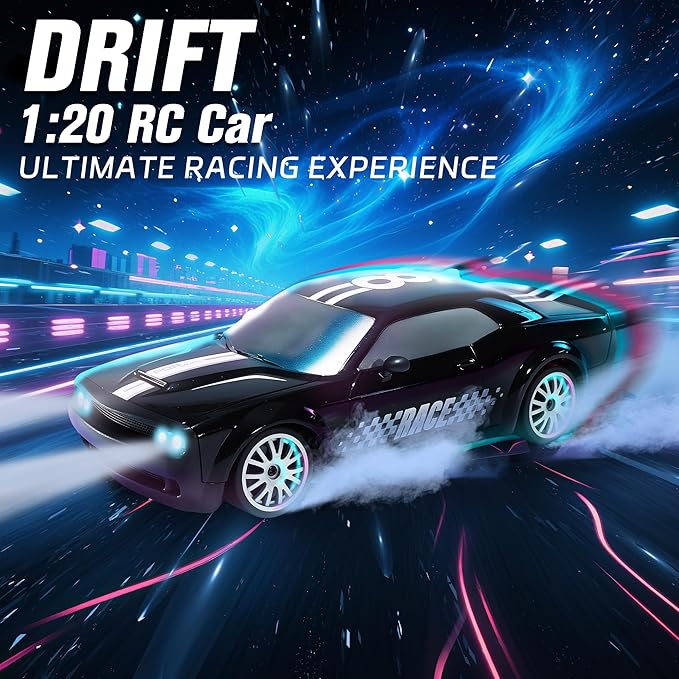 SANCO 1:20 RC Drift Car - 2.4G Drifting Car with Dual Tire System &amp LED Lights 20+KM/H 50-Minute Playtime Racing Toy Remote Control for Adults Boys Girls 2pcs Rechargeable Batteries （Black）