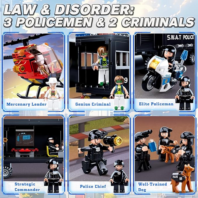 City Police Chase Building Set SWAT Mobile Command Police Truck Building Toy with Helicopter &amp Police Motorcycle Compatible with Lego City Police Station Gift for Boys Girls Aged 6+ 540 PCS
