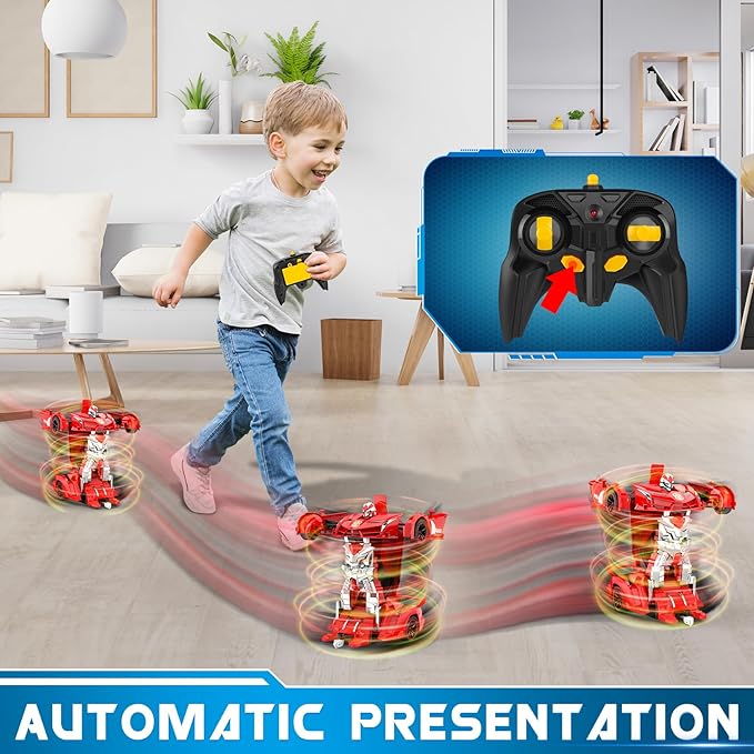 FDJ Transform Remote Control Car Robot One Button Deformation to Robot with Flashing Light 2.4Ghz 1:18 Scale Transforming Police Car Kids Toys with 360 Degree Rotating Drifting Toys for Boys Girls