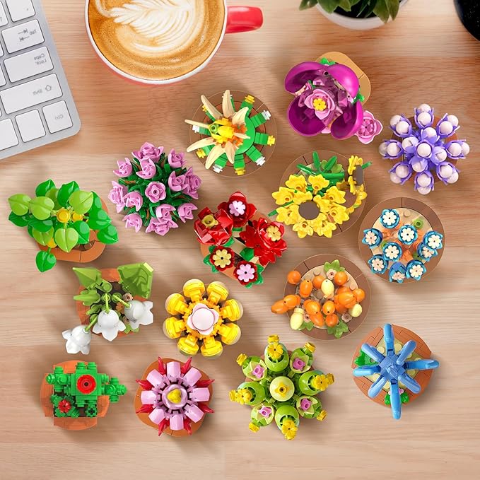 24 Pack Flowers Succulents Building Set - 2160PCS Botanical Collection 3.6MM Mini Flower Kit for Home Office Décor Plant Blocks Toy Easter Party Favors Gifts for Adults Women Kid 10+