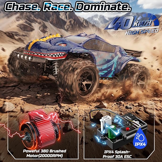 DEERC 9308E 1:16 Fast RC Cars for Boys Age 8-12 RC Monster Truck 40 KPHAll Terrain 4WD High Speed Dinosaur Truck 2 Car Shell2.4Ghz Off-Road Remote Control Cars with 2 Batteries Toy Gift for Kids