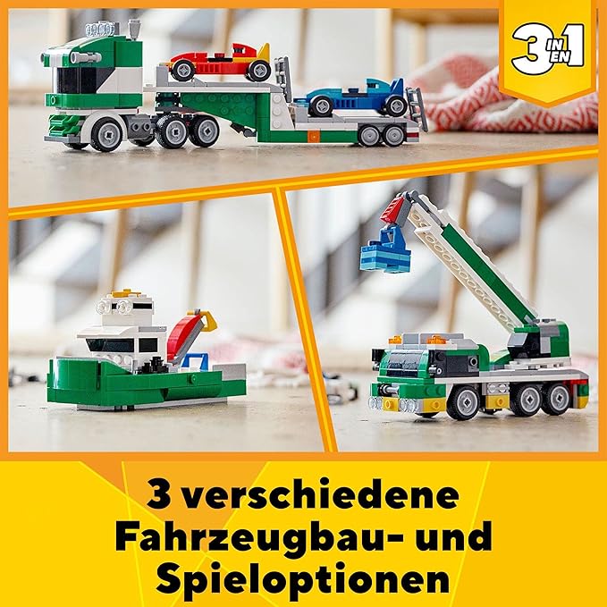 LEGO 31113 Creator 3-in-1 Racing Car Transporter Construction Game Truck with Trailer Crane and Tug Gift Idea for Children