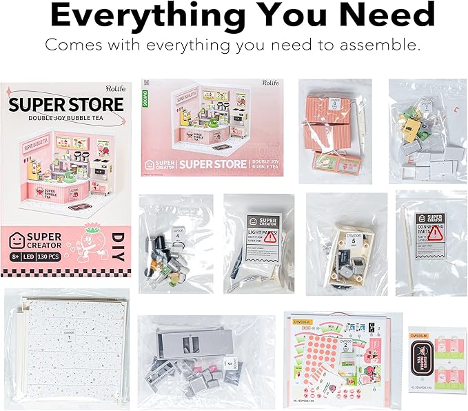 Rolife LED Building Blocks for Adults1:24 Toy Building SetsModel Building Kits for Kids Ages 8-12-15DIY Miniature Dollhouse Kits for AdultsHobbies for Women Men (4.Double Joy Bubble Tea)