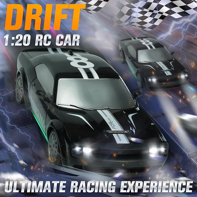 SANCO 1:20 RC Drift Car - 2.4G Drifting Car with Dual Tire System &amp LED Lights 20+KM/H 50-Minute Playtime Racing Toy Remote Control for Adults Boys Girls 2pcs Rechargeable Batteries （Black）