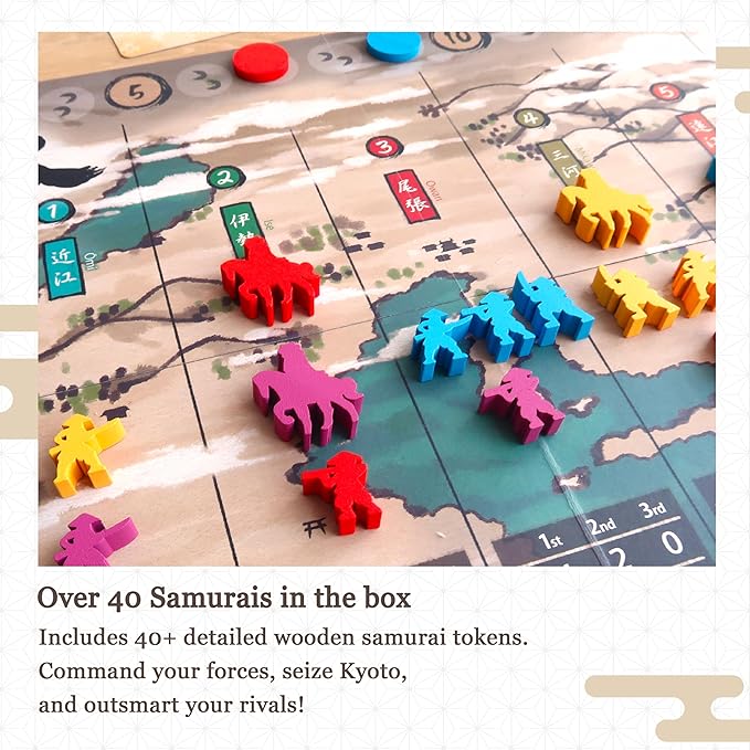 Joraku Deluxe Strategy Board Game 40 Wooden Samurai Meeples Area Control and Trick-Taking Mechanics for Strategy Game Enthusiasts 2-4 Players 20-40 Min