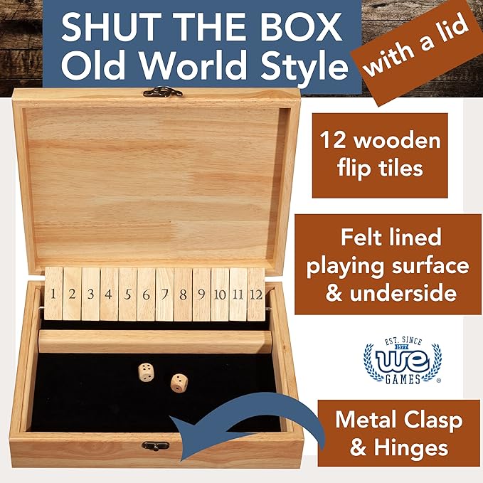 WE Games 12 Number Shut The Box Board Game- Natural Wood Box with Lid
