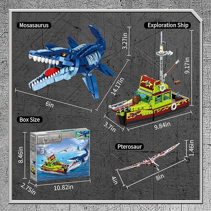 3 in 1 Sea Dinosaur Building Blocks Kit Set Compatible with Lego Dinosaur World Park Mosasaurus Discovery Crossing Ocean World Building Set Boat STEM Toys Gift for Kids and Adults for Boys Age 8-12