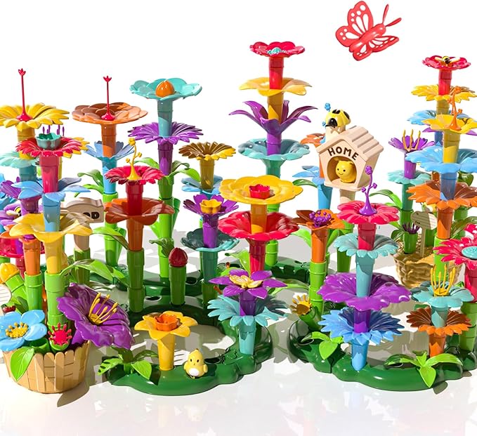TEMI 138 PCS Flower Garden Building Toys for Girls Toys Educational STEM Toy and Preschool Garden Play Set for Toddlers 3 4 5 6 7 8 Year Old Kids Boys Girls Flower Stacking Toys for Kids Age 3-6