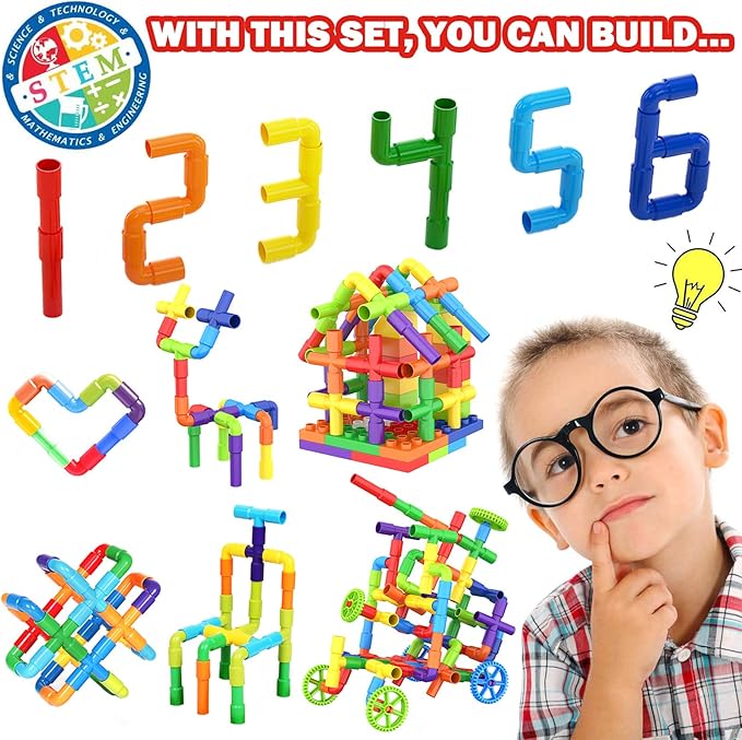 STEM Building Toys for Kids - 250 Pcs Tubular Pipe &amp Spout Interlocking Construction Set | Toddler Learning Toys Age 3-5 6-8 | DIY Tube Locks Blocks with Storage Box &amp Idea Book | Gift for Boy