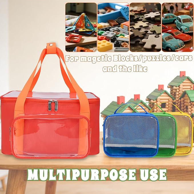4 Pack Wooden Building Blocks Storage Bags Compatible with Wondertoys 530 Pcs Wooden Logs Set Toy Organizer with Clear PVC Window Mesh Pocket &amp Handles for Wooden Logs Blocks &amp Accessories