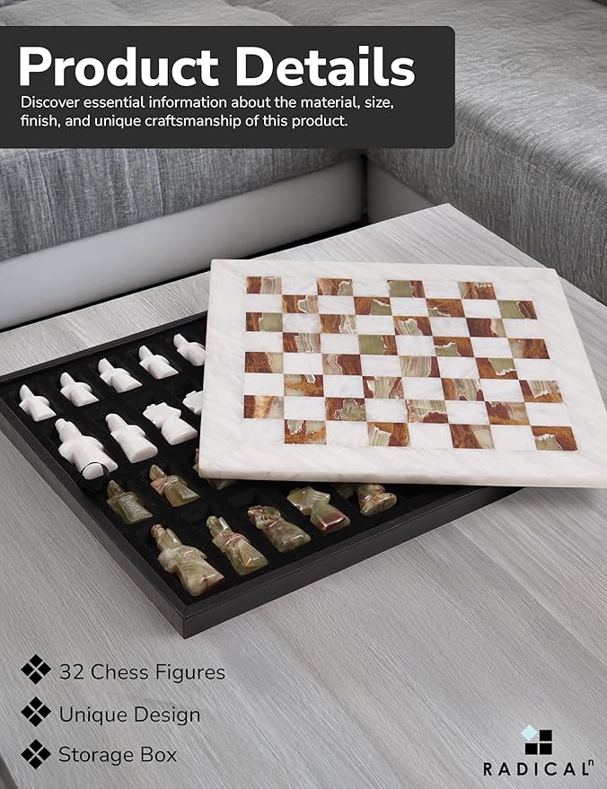 Radicaln Marble Antique Chess Set 15 Inches White and Green Handmade Chess Sets for Adults -1 Chess Board &amp 32 Chess Pieces - Board Chess Game 2 Player