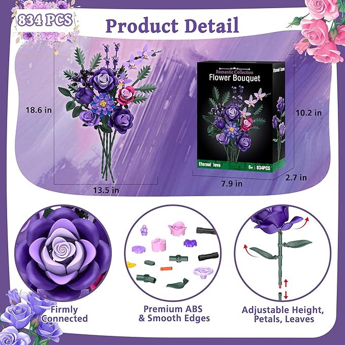 Purple Roses Flower Bouquet Building Sets 834PCS Artificial Flowers Botanical Collection Compatible with Lego Flowers for Adults Gothic Decor Valentines Day Gifts for Her Women Wife Girlfriend Mom