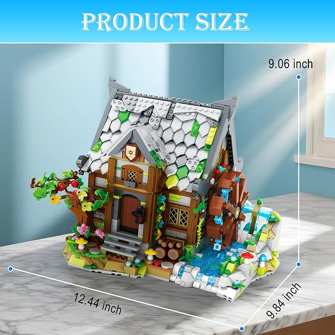 Reobrix Medieval Building Set for Adults– Watermill Cabin1873 PCS Medieval House with Rotating Water Wheel Architecture Collectible Building Bricks Kit for Adults and Medieval Village Fans