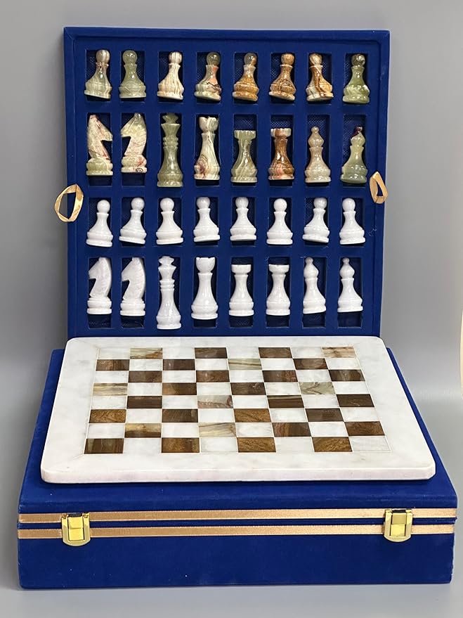 Large Handmade Full Chess Set Marble Chess Board 32 Chess Game Pieces Unique Home décor. Handcrafted Tournament Chess Board - 2 Players. (White Brown)