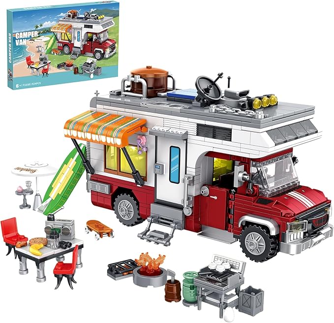 Camping Van Construction Toy 924 Pieces Building Block Set with Picnic Table Grill &amp Fire Scene Gift for Kids Teens &amp Vehicle Fans