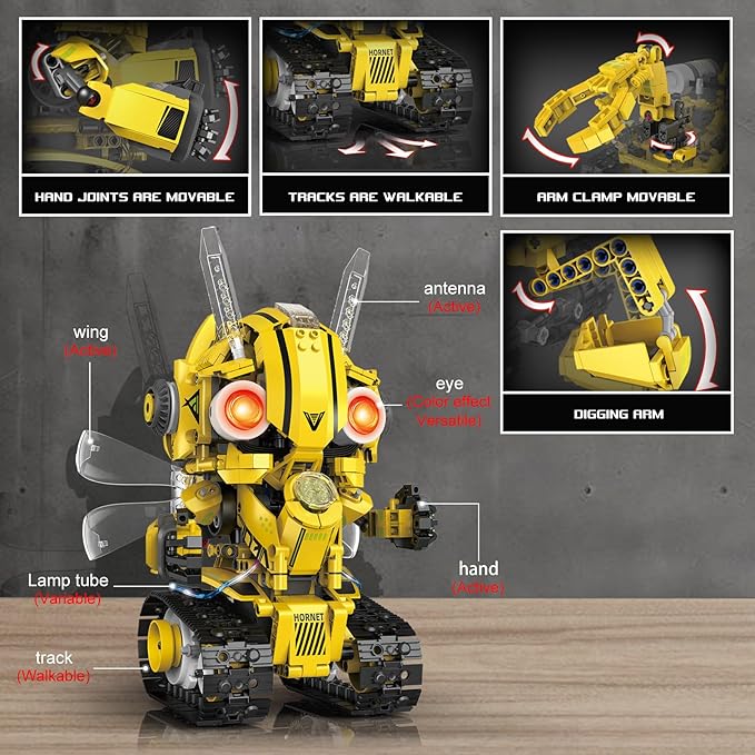 5-in-1 Remote Control STEM Robot Building Kit with LED Light – Transformable Models Eco-Friendly Rechargeable App-Controlled Engineering Toy for Kids 6+ (673PCS)
