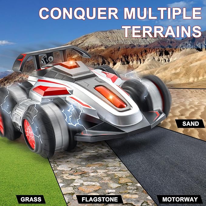 RC Cars 2.4 GHz Fast Stunt RC Car 4WD 360° Rotating RC Trucks with lights and music High Speed Off Road Stunt Truck upright walking cars Remote Control Car Toy for 6-12 Boys and Girls(RED)