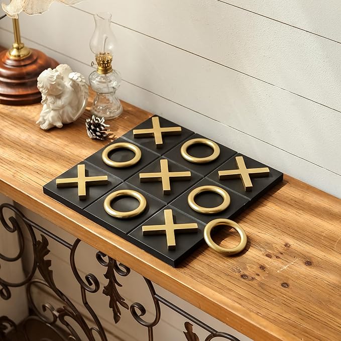NIKKY HOME 12x12 Inch Tic Tac Toe Wood Game Board Classic Coffee Table Decor Modern Wooden Travel Game for Family Black &amp Gold