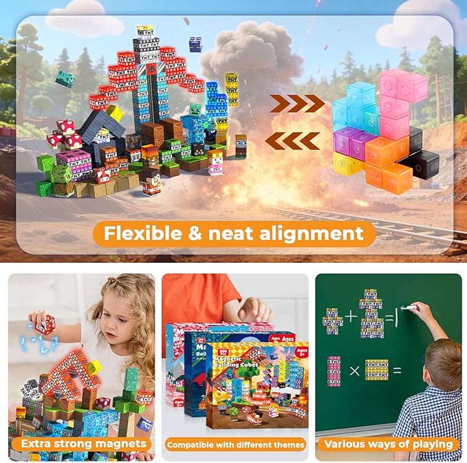 200 pcs 0.8in Magnetic Blocks with 31 LED Light Blocks - TNT Building Blocks Toys for Kids Magnetic Building Blocks Stacking Magnets Birthday Gifts for Boys and Girls Age 3+ Years Old