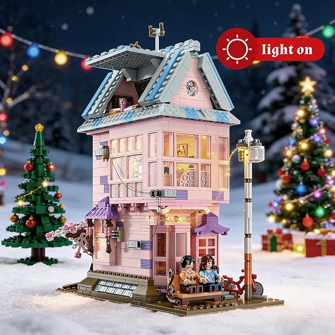 Cherry Blossom Pink House Building Set with LED Light Three Story Apartment with Study Greenhouse Cherry Blossom House Construction for Home Decor Birthday Gift for Adults Girls 12+ (1432 PCS