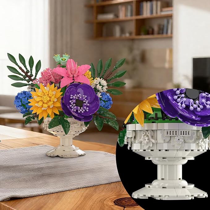 Botanicals Flower Bouquet Building Set - Includes Hydrangeas Snapdragons Peonies &amp More Artificial Flower Arrangement Toy with Vase Mother‘s Day Gift for Girls (1081PCS)