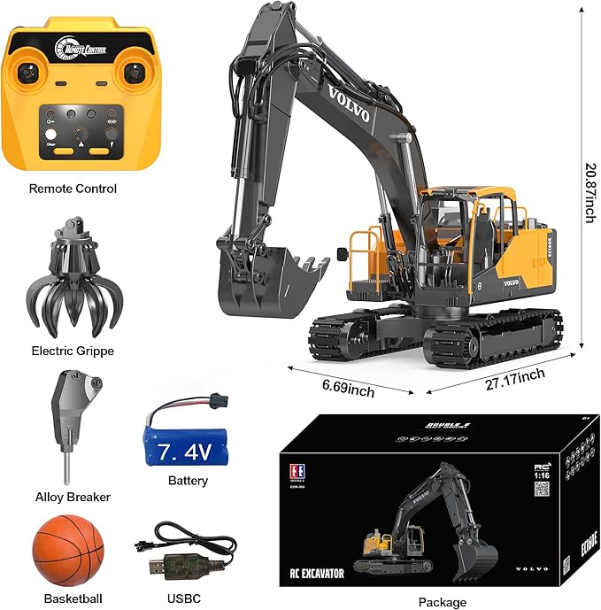 DOUBLE E Volvo 1:16 Scale RC Excavator 3-in-1 Construction Toys with 360° Rotation Metal Shovel Drill &amp Grabber – Professional Grade Remote Control Engineering Vehicle