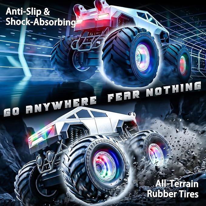 BEZGAR Cyber Truck Toy - 2.4GHz 1:20 4WD Remote Control Car for Boys 8-12 with Colorful Lights 360° Rotation - RC Car Toy for Boys Girls Age 6 7 8 9 10 Years Old Birthday Gifts(Silver)