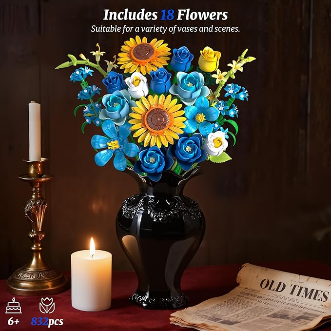 Blue Rose Sunflower Building Block Set - Compatible with Lego Flowers Adults Women Gothic Artificial Botanical Collection Van Gogh Starry Night Christmas Valentine's Gifts Home Decor