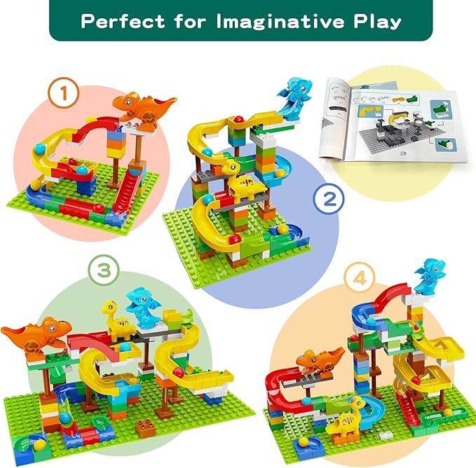 Dinosaur Marble Run Building Blocks STEM Toys for Kids Ages 3-8 | 127 Pcs Construction Set with 3 Dinos &amp Ball Run Track 4 in 1 Modular Design Learning Toys for Boys Girls Christmas Birthday Gif