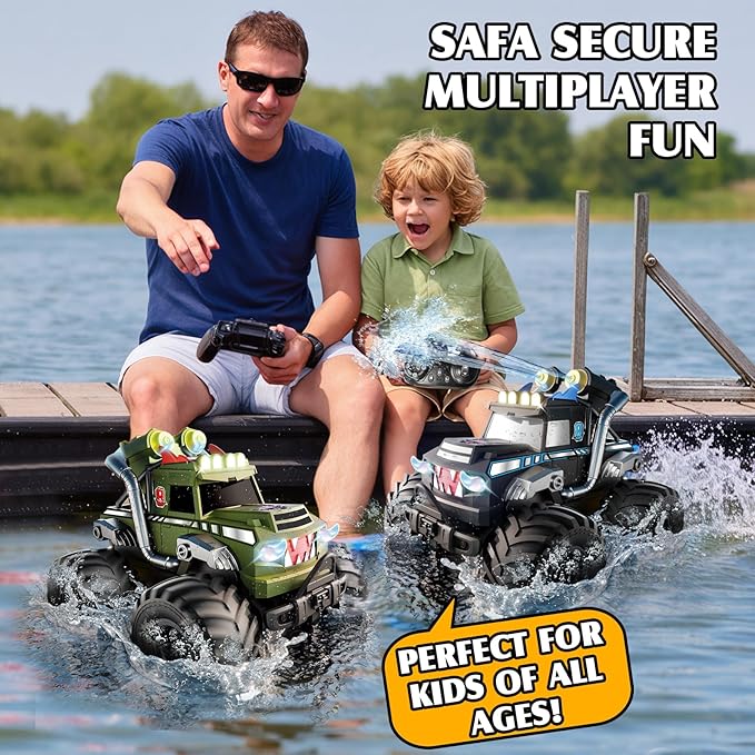 Dual Remote Control RC Car with Magic Gesture Wristband &amp 40+ Min Play 1:18 Fully Submersible Waterproof All Terrain 4WD Monster Truck Amphibious Toy Crawler Gift for Boys Girls Ages 6-12-Green