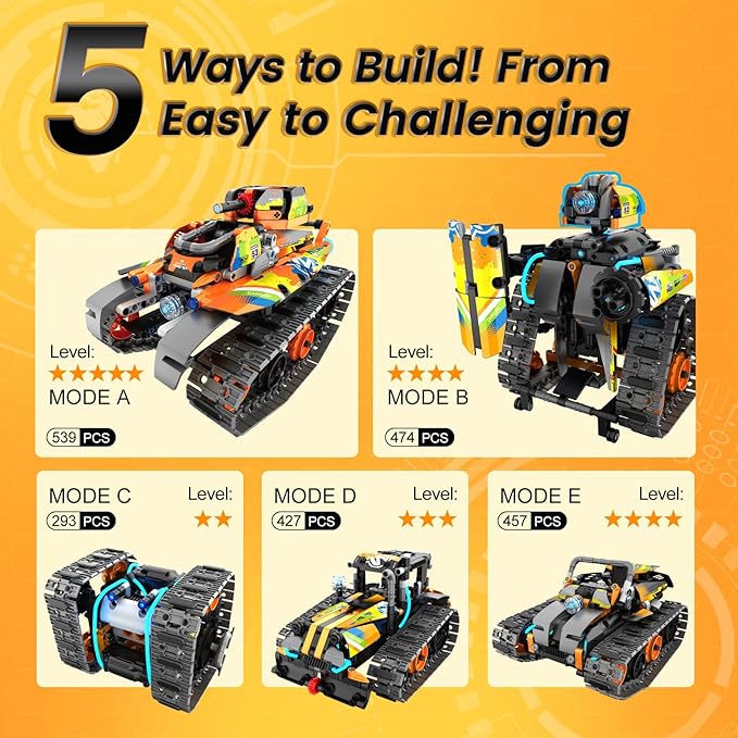 STEM Robot Building Kit with APP / Remote Control 5 in 1 RC Robotic Car Toy for Kids Ages 8-12 Christmas Birthday Gifts for Boys Age 6 7 8 9 10 11 12+ DIY Build Set Educational Science Projects