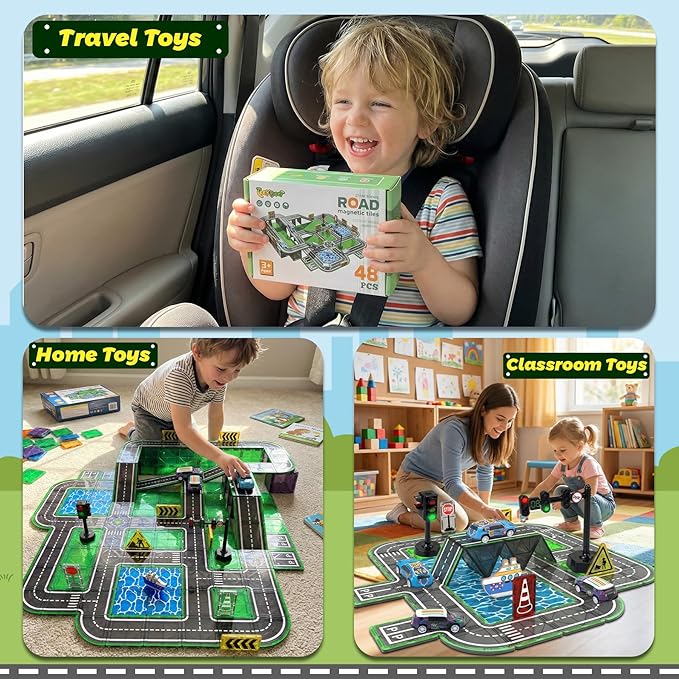 Magnetic Road Tiles Set with Pull-Back CarsMagnet Building Blocks for Kids Ages 4-8 with Magnetic Ship &amp Traffic LightsSTEM Educational Preschool Learning ToysIdeal Gift for Boys and Girls