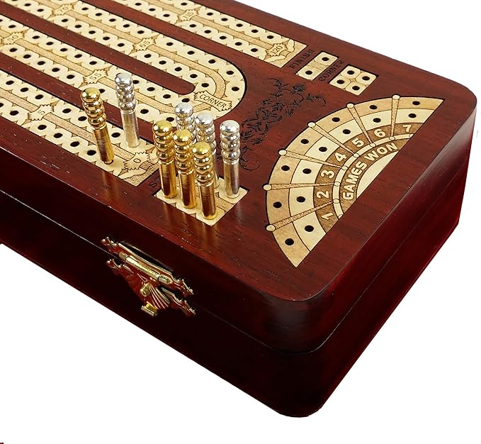 12 1/2 2 Track Continuous Cribbage Board W/Card Storage Maple Tracks on Bloodwood Corner &amp Games Won