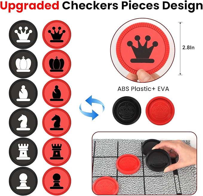 Giant 4 in 1 Chess SetJumbo Chess &amp Giant Checkers &amp Large Tic Tac Toe Giant Chess Board Game for Kids AdultsIncluding 2 Extra QueenLarge Checkers Rug Game Mat Indoor Outdoor Games Campin