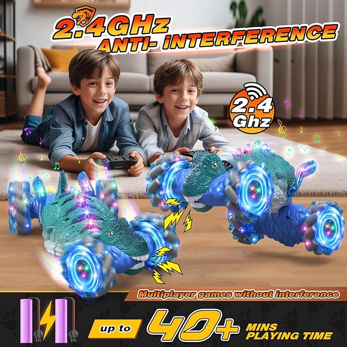 Remote Control CarDinosaur Toys car for Kids2.4GHz LED Gesture Sensing RC Car4WD Rotation RC Stunt Car with Lights and MusicDino Toys for Kids Ages 3 4 5 6 7 Gifts for Boys Girls(Blue)